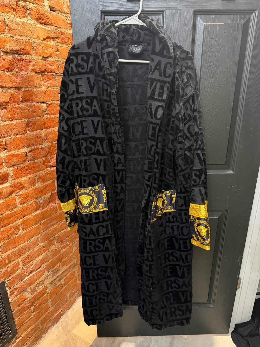 Versace Black Velvet Robe with Gold Baroque Pocket
